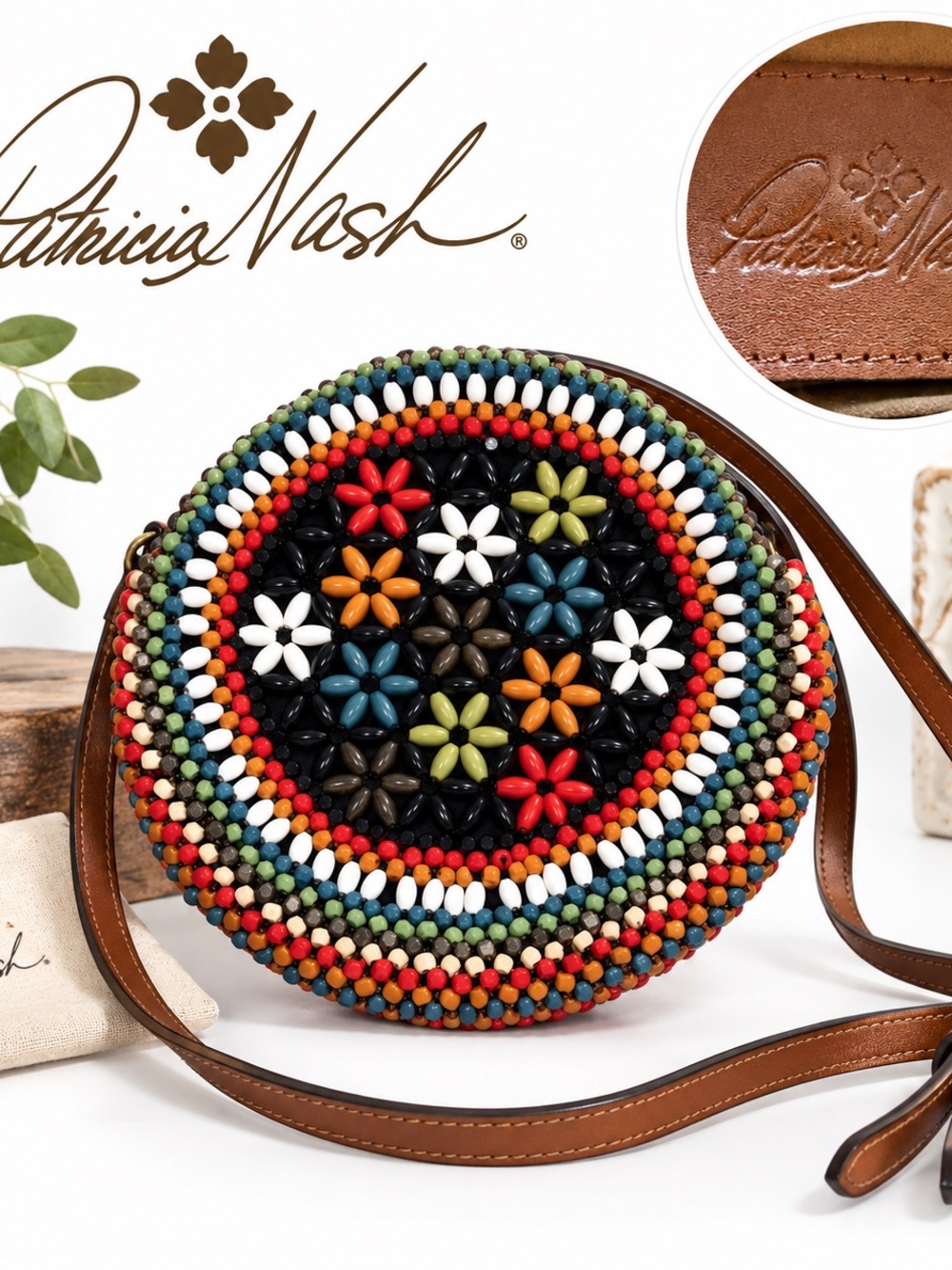 Patricia Nash Scafati Multicolor Wood Beaded Round Canteen Crossbody Bag Boho